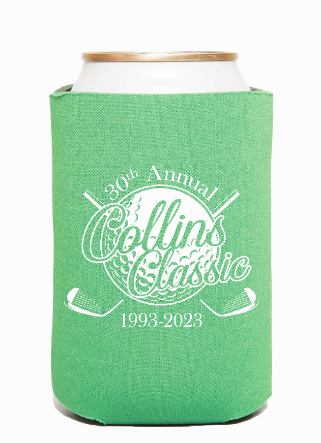 Collins Classic 30th-anniversary identity printed in white on a green koozie
